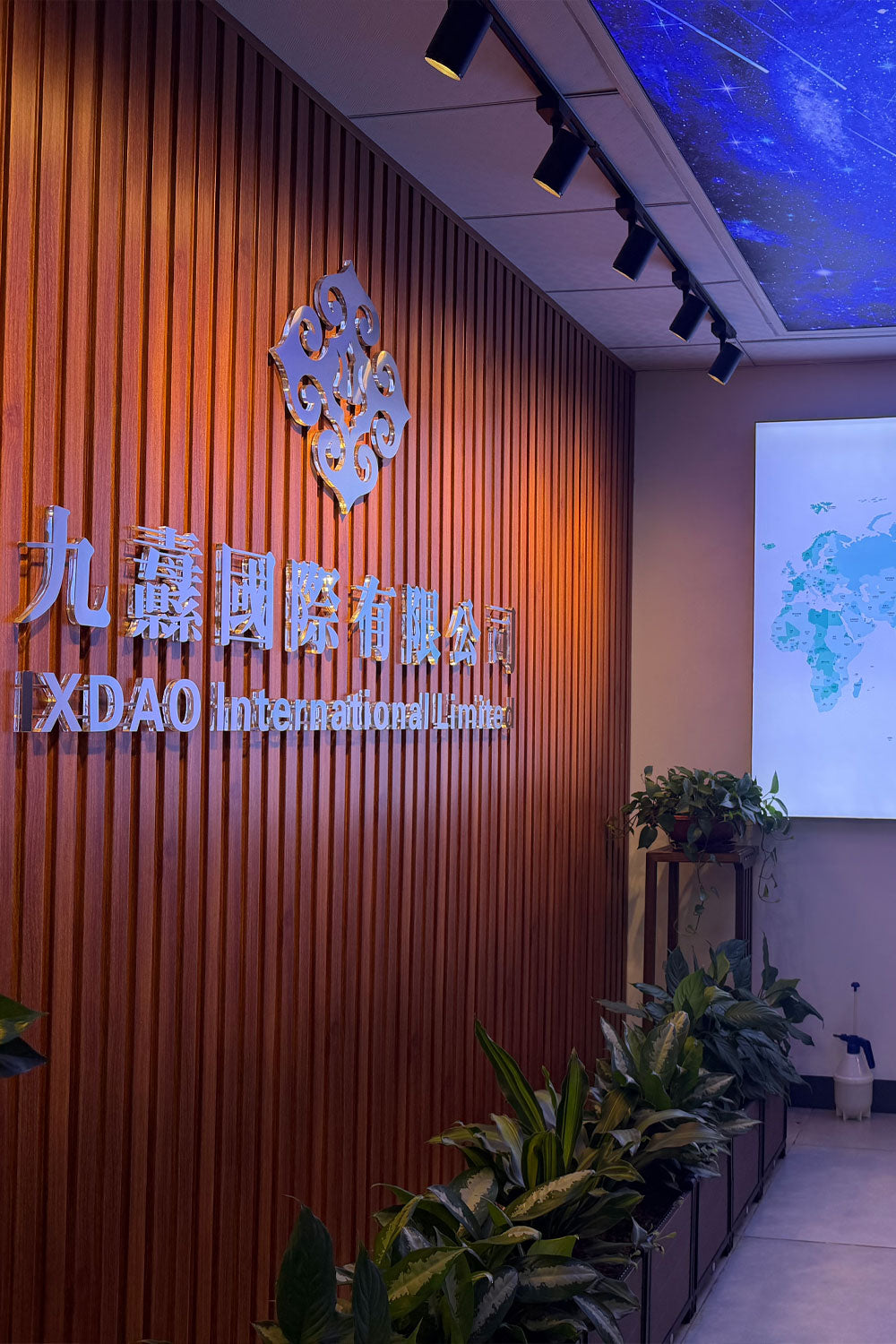 A modern interior wall with vertical wood slats, featuring metallic Chinese and English lettering that reads 'XDAO international limited' beneath a decorative emblem. The scene includes potted green plants, track lighting, a ceiling with a blue starry mural, and a projection screen showing a world map.